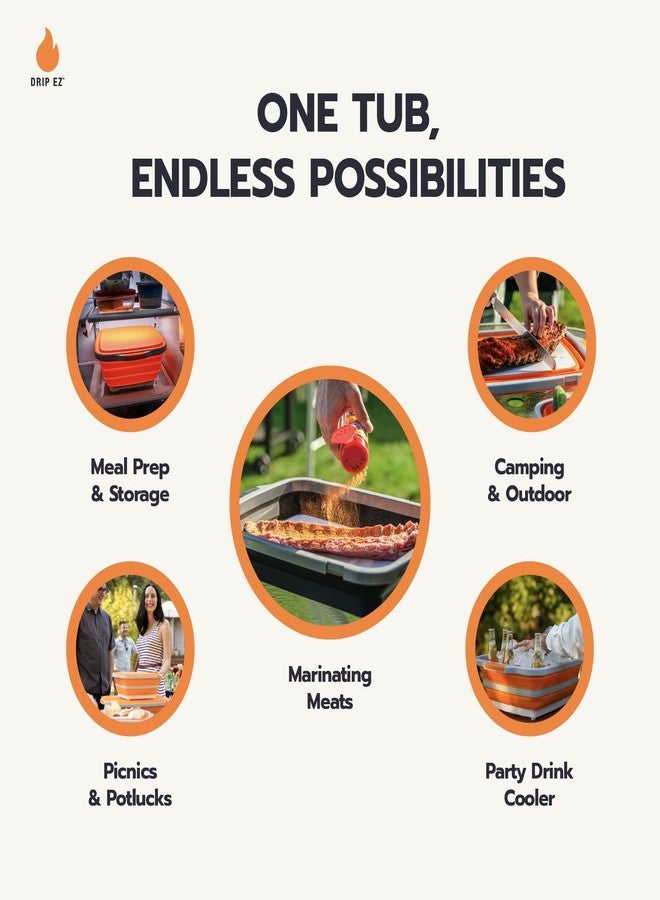 Drip EZ Collapsible BBQ Prep Tub - For Meal Prep Marinating Food Storage - Includes Cutting Board & Locking Lid - (1) XL - Orange - Image 5