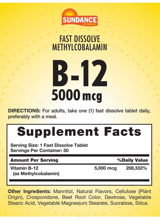 Sundance Vitamin B12 Fast Dissolve Tablets | 5000 mcg | 50 Count | as Methylcobalamin | Natural Berry Flavor | Vegetarian, Non-GMO, and Gluten Free Supplement - Image 2