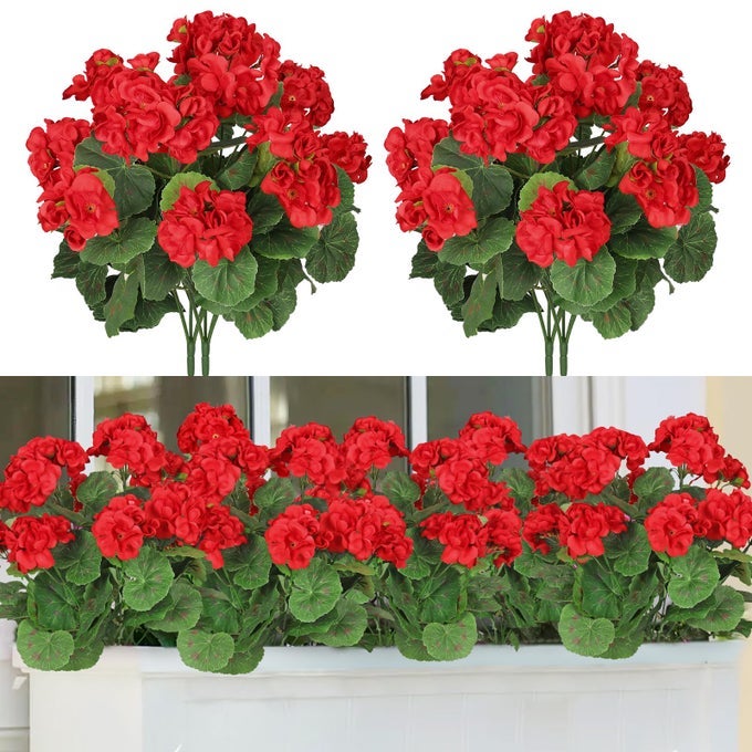 ARTIFICIAL RED GERANIUM SILK FLOWERS OUTDOOR PLANT BUSH 2 BUNDLES FAUX FLOWERS GERANIUMS FOR OUTDOORS FLORAL HOME DECOR INDOOR GARDEN PATIO VASE GRAVE CEMETARY TABLE CENTERPIECES DECOR
