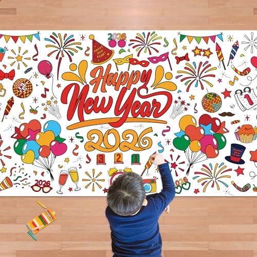 OHOME Happy New Year Giant Coloring PosterTablecloth New Years Decorations 202630 x 72 Inches Jumbo Coloring Banner Kids Crafts Activities Party Decorations New Years Eve Party Supplies - Image 1