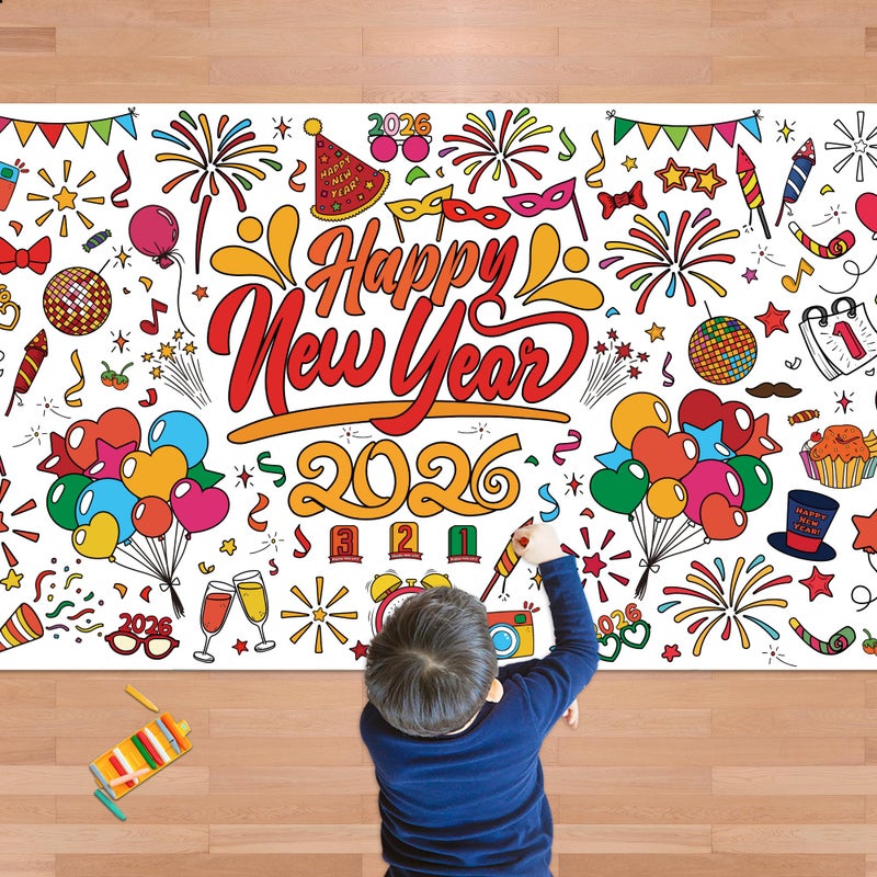 OHOME Happy New Year Giant Coloring PosterTablecloth New Years Decorations 202630 x 72 Inches Jumbo Coloring Banner Kids Crafts Activities Party Decorations New Years Eve Party Supplies - Image 2