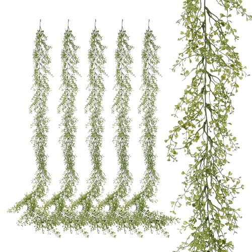 PENGYEE 6 Pack 5.57ft Artificial Greenery Garland for Table, Faux Leaf Garland for Room Decor, Green Garlands for Decoration, Fake Vines Hanging Plants for Home Bedroom Garden Wall Wedding Decor-039 - Image 1