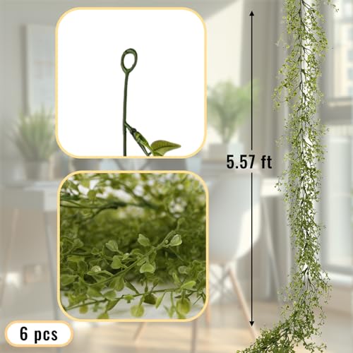 PENGYEE 6 Pack 5.57ft Artificial Greenery Garland for Table, Faux Leaf Garland for Room Decor, Green Garlands for Decoration, Fake Vines Hanging Plants for Home Bedroom Garden Wall Wedding Decor-039 - Image 4