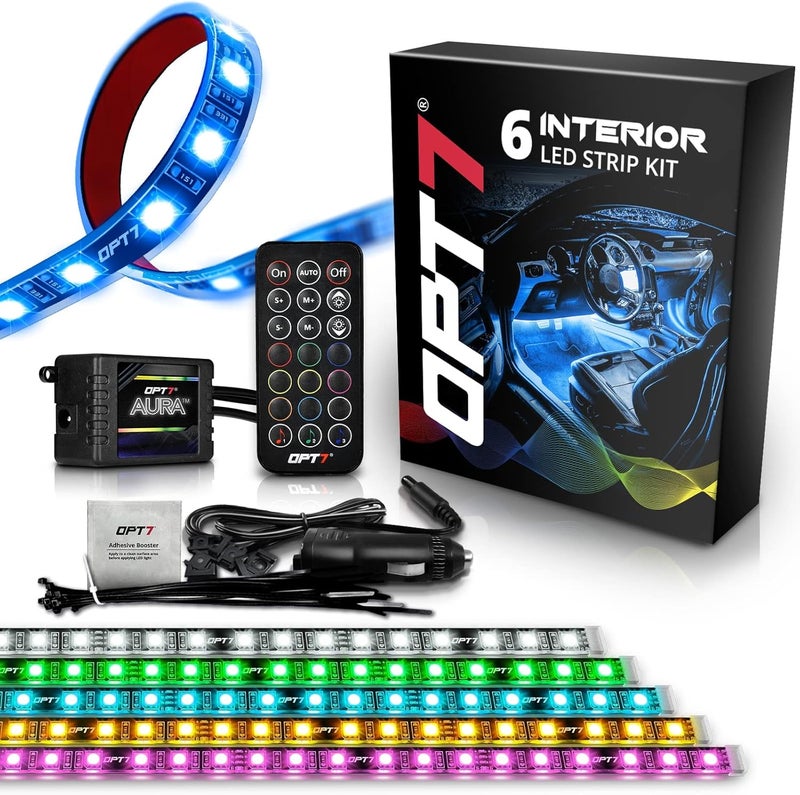 OPT7 Aura Interior Car Lights 6pc with Remote Control, Color Change, Music Sync Inside Ambient Lighting Kit, Car Truck LED Lights Under Dash Accessories, Charger Adapter 12V, 6pc Single Row LED Strip - Image 1