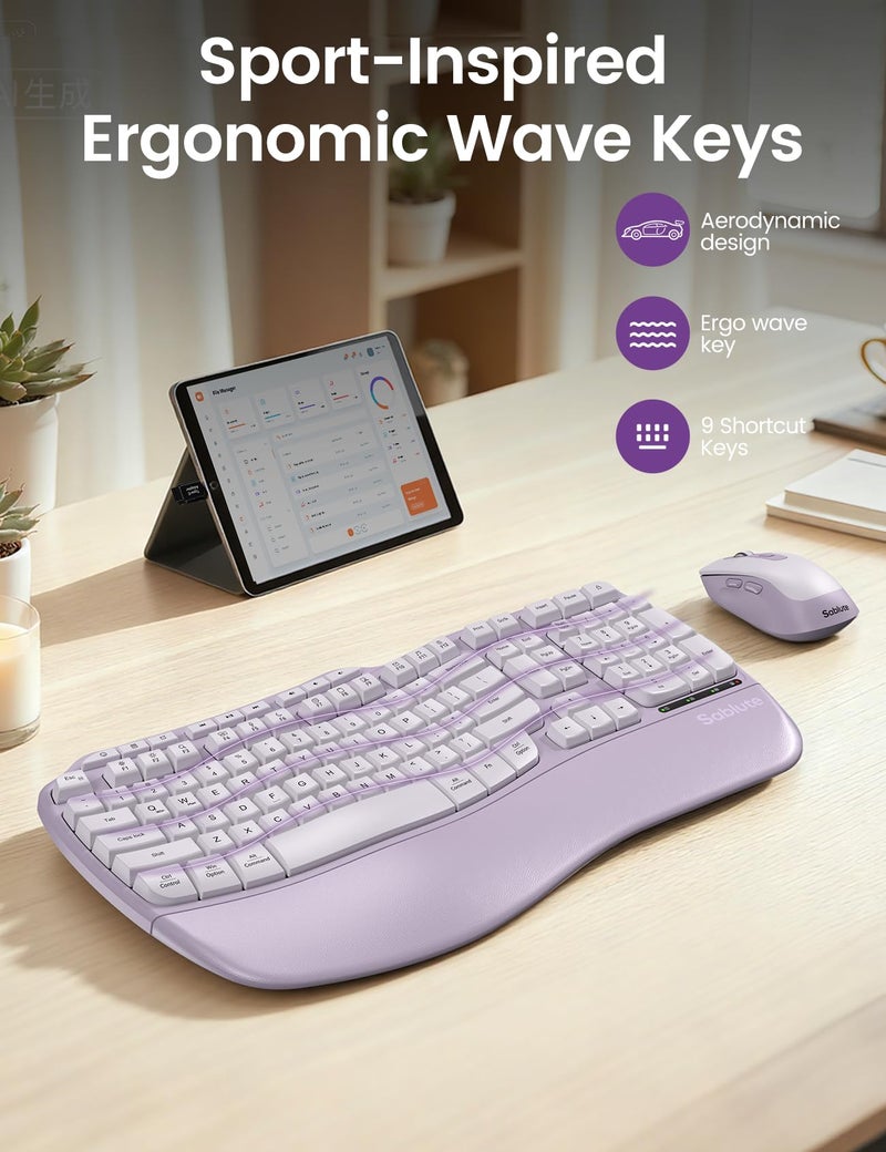 SABLUTE Purple Ergonomic Wireless Keyboard and Mouse Combo, Sablute 2.4G Full Size Ergo Wave Key Board with Cushioned Plam Rest, Natural Typing, 3 DPI Adjustable Silent Mouse for Computer/Laptop/Windows/Mac - Image 2