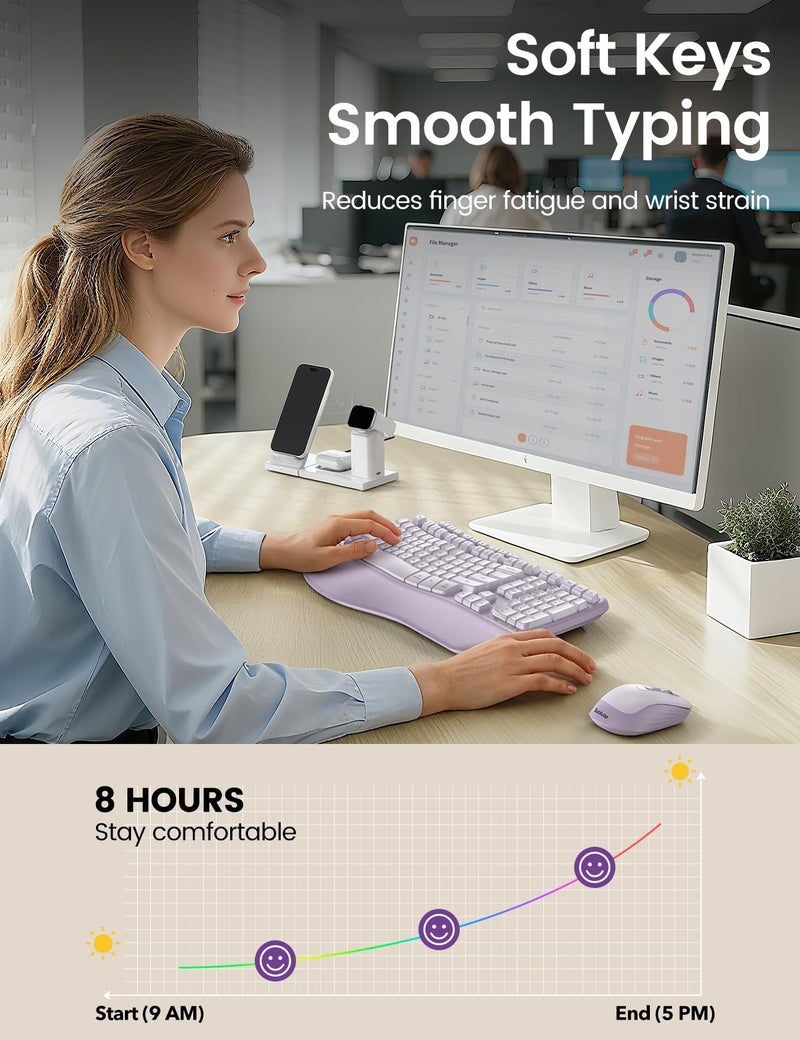 SABLUTE Purple Ergonomic Wireless Keyboard and Mouse Combo, Sablute 2.4G Full Size Ergo Wave Key Board with Cushioned Plam Rest, Natural Typing, 3 DPI Adjustable Silent Mouse for Computer/Laptop/Windows/Mac - Image 4