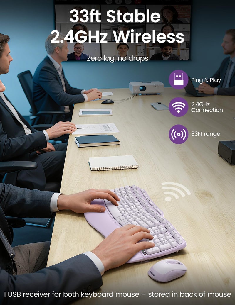 SABLUTE Purple Ergonomic Wireless Keyboard and Mouse Combo, Sablute 2.4G Full Size Ergo Wave Key Board with Cushioned Plam Rest, Natural Typing, 3 DPI Adjustable Silent Mouse for Computer/Laptop/Windows/Mac - Image 3