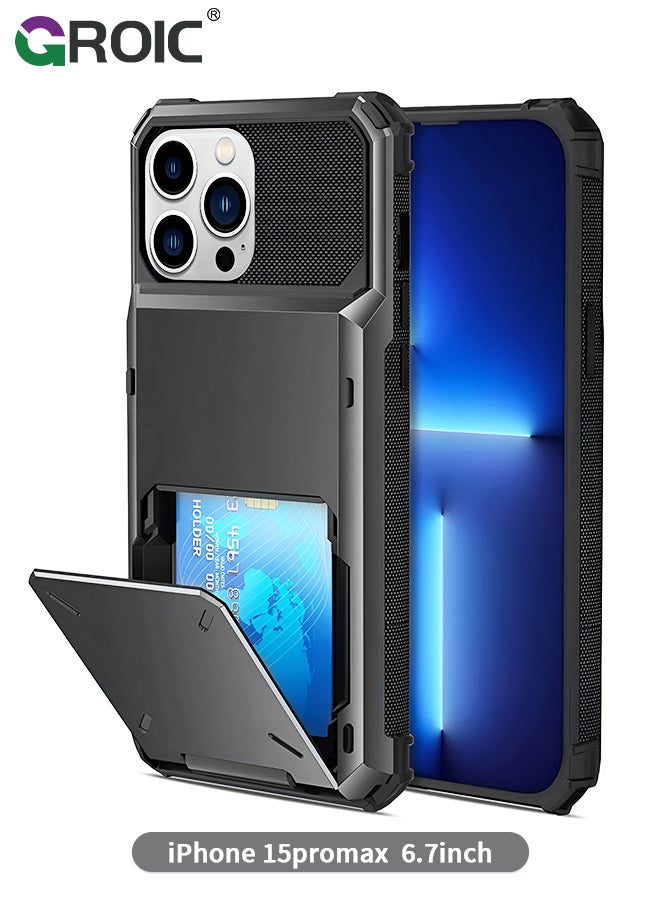 GROIC iPhone 15 Pro Max Gray Case Wallet Flip Cover 5 Card Back Pocket Credit Card Holder ID Slot Dual Layer Rugged TPU Bumper Hard Protective Armor Hybrid Shell for iPhone 15 Pro Max  - Image 1