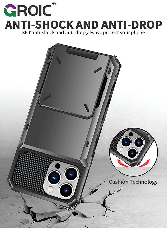 GROIC iPhone 15 Pro Max Gray Case Wallet Flip Cover 5 Card Back Pocket Credit Card Holder ID Slot Dual Layer Rugged TPU Bumper Hard Protective Armor Hybrid Shell for iPhone 15 Pro Max  - Image 5