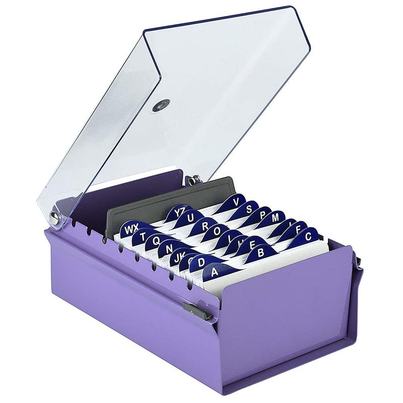 Acrimet 3 x 5 Card File Holder Organizer Box Metal Base Heavy Duty (AZ Index Cards and Divider Included) (Purple Color with Clear Crystal Plastic Lid Cover) - Image 1