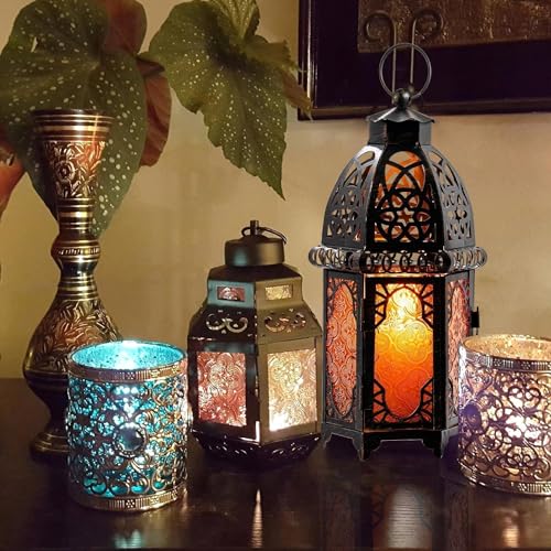 DECORKEY Vintage Large Size Decorative Moroccan Candle Lantern, 12.8’’ Metal Hanging&Tabletop Lantern Candle Holder Decor, Halloween Christmas Ramadan Decorations for Home Indoor Outdoor Patio (Amber) - Image 5