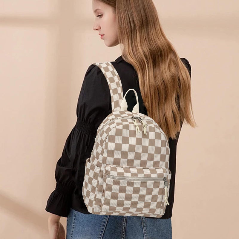 Dezcrab Corduroy Mini Backpack Purse Fashion Small Backpack Casual Daypack for Women Girls School Travel (Checkered Brown) - Image 2