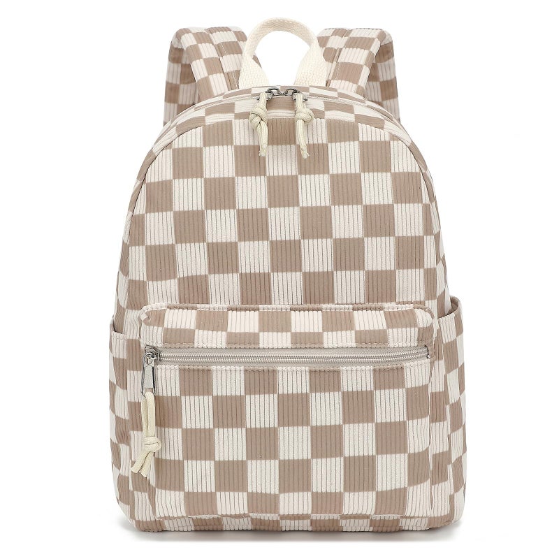 Dezcrab Corduroy Mini Backpack Purse Fashion Small Backpack Casual Daypack for Women Girls School Travel (Checkered Brown) - Image 1