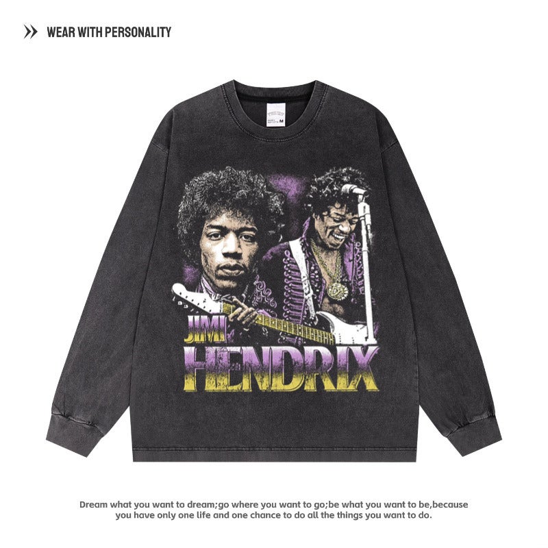 Jimi Hendrix Hendrix Rock Singer American Retro T-Shirt Cotton Old Hip Hop Long Short Sleeve - Image 4