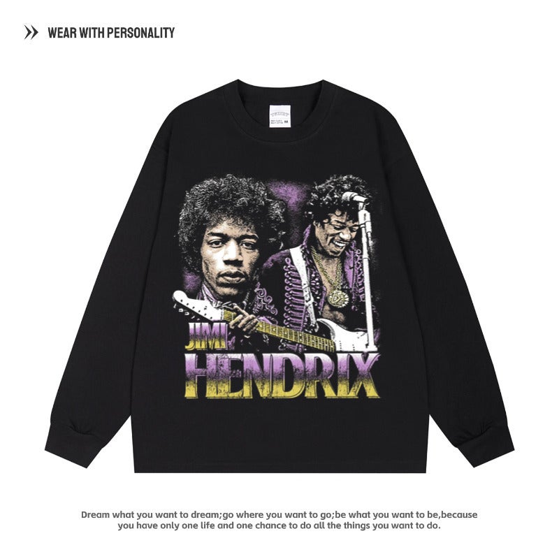 Jimi Hendrix Hendrix Rock Singer American Retro T-Shirt Cotton Old Hip Hop Long Short Sleeve - Image 2