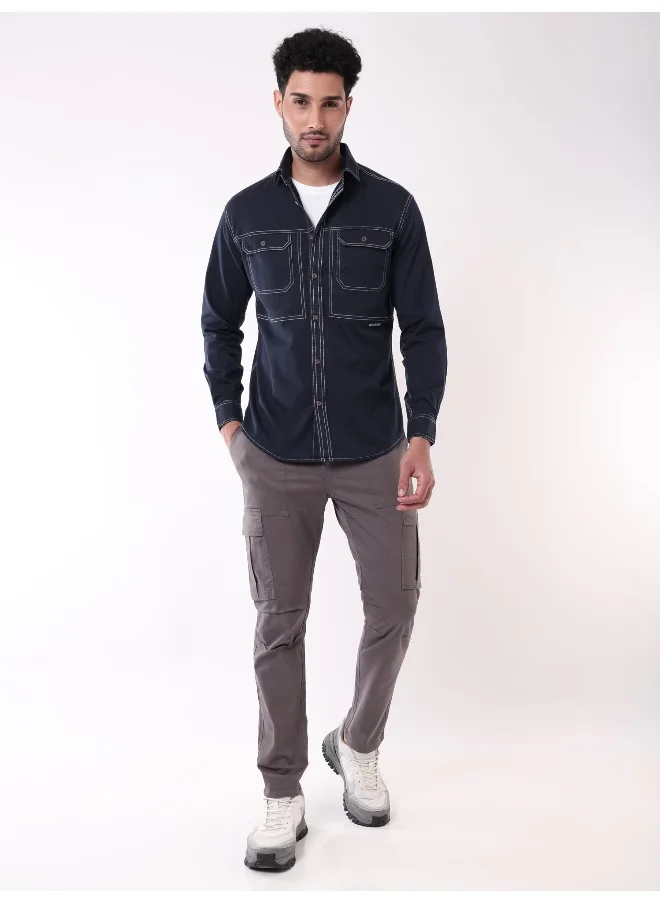 بيونغ Navy Blue Contrast Stitch Urban Shirt for Men