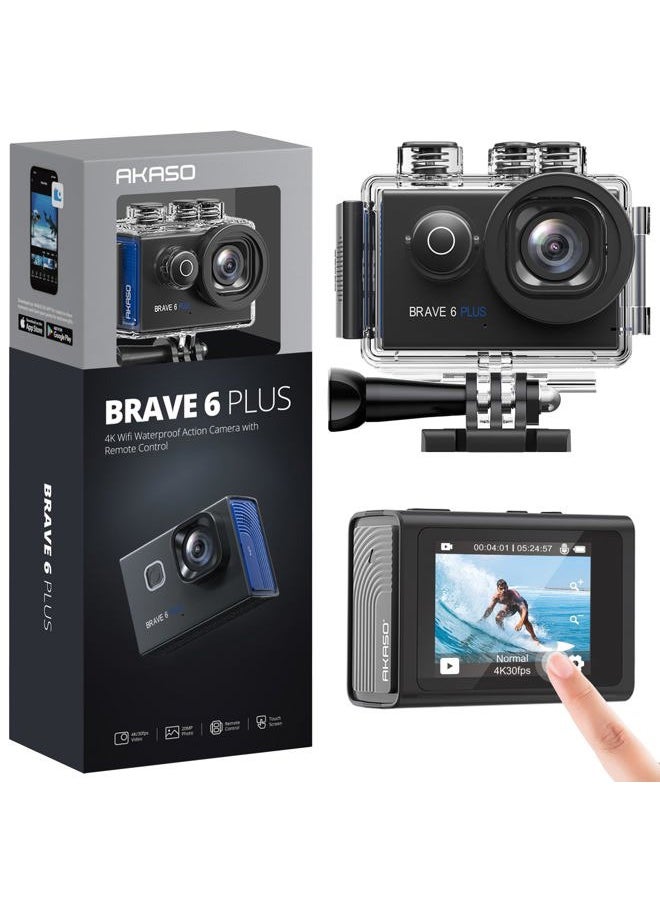 Akaso - Brave 6 Plus Native 4K30FPS 20MP WiFi Action Camera with Touch Screen EIS 4X Zoom Voice Control Remote Control 131 Feet Underwater Camera with 2X 1350mAh Batteries and Helmet Accessories Kit - Image 1