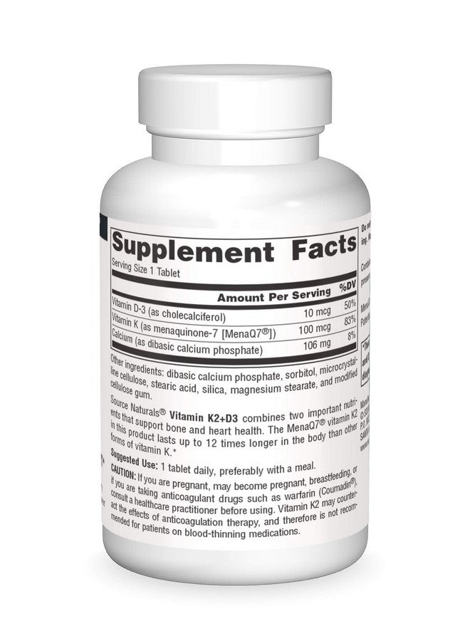 سورس ناتشورالز Source Naturals Vitamin K2 + D3 Bone & Heart Health Complex - 400 IU Vitamin D3 & 100 mcg Vitamin K2 (MK-7) with Calcium - 60 Tablets - Image 3