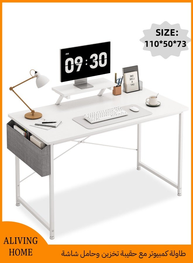 ALIVINGHOME Computer Desk Home Office Writing Study Desk Modern Simple Style Laptop Table With Storage Bag and  Monitor Stand  ，110 *50*73cm , White - Image 1