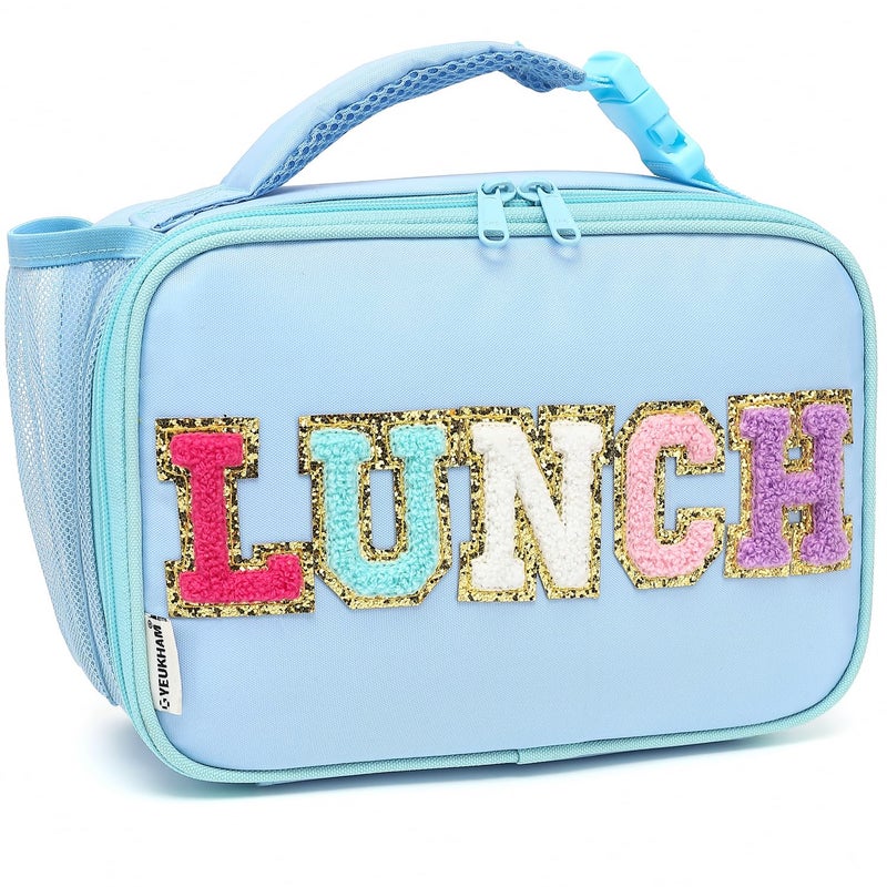 FlowFly Kids Lunch Bag Durable Insulated School Lunch Box with Bottle Holder Waterresistant Thermal Small Lunch Cooler Tote for Teen Boys GirlsBlueWithLetter