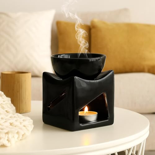 Mkd2 Rise Ceramic Candle Operated Aroma Diffuser Oil Burner Lamp for Fragrance with 1 pc Tealight (Black, Square) - Image 1