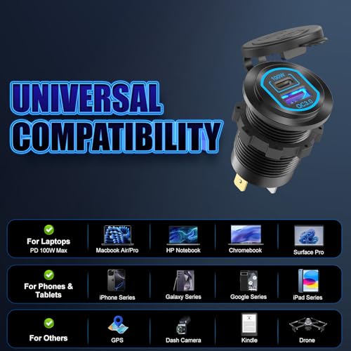 Hapytrip 12 Volt USB C Outlet PD 100W Car USB Port for Laptop and QC3.0 18W Car Charger Socket Aluminum Alloy, Fast Charging Cigarette Lighter Replacement DIY Accessary for RV MarineTruck Boat Golf - Image 5