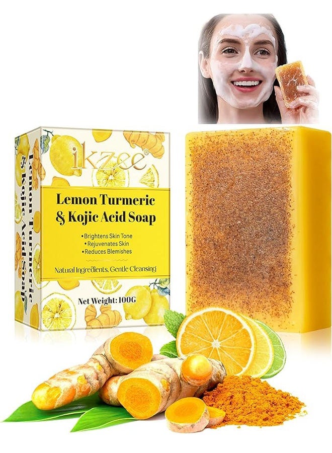 IKZEE Lemon Turmeric and Kojic Acid Soap, Gentle Skin Brightening Soap, Dark Spot Corrector, Deep Cleansing and Brightening Soap Bar, Moisturizing for Face and Body, Skin Whitening Soap for Even Skin Tone - Image 1