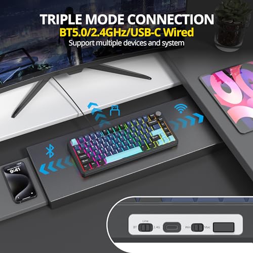 surmen M75 75% Wireless Creamy Keyboard with Gasket, Pre-lubed Triple Mode Bluetooth Mechanical Gaming Keyboard BT5.0/2.4Ghz/USB with Sound Absorbing Pads Hot-Swap(Deep Sea) - Image 2