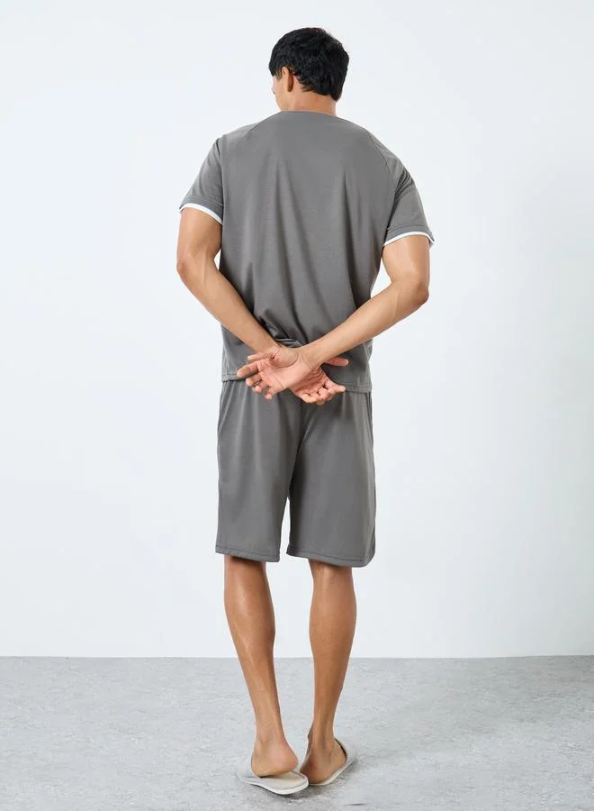 Styli Styli Charcoal Woven Badge Detail T-Shirt and Shorts Set