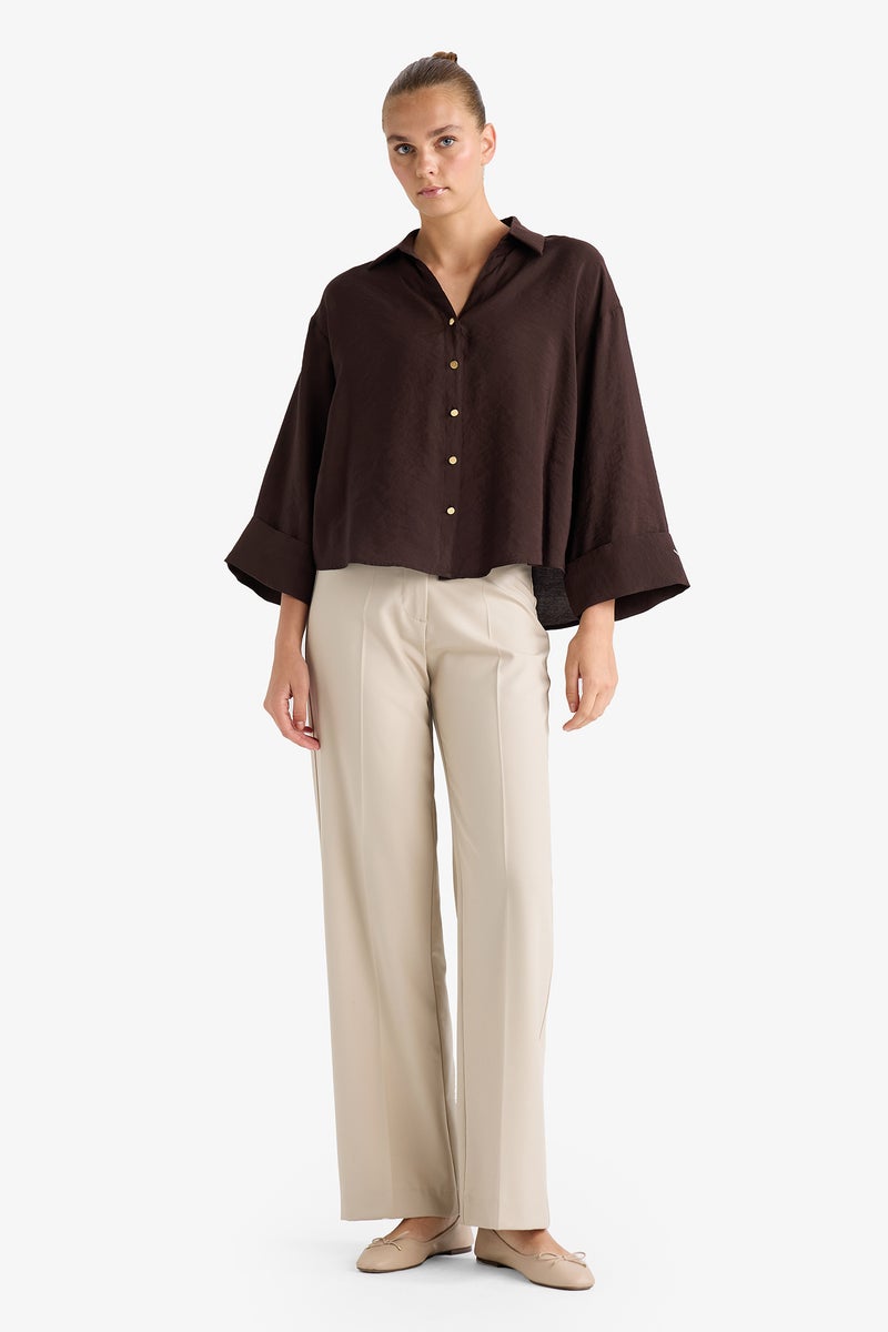 DeFacto Brown Woman Loose Fit Shirt Neck Long Sleeve Shirt Casual - Image 2