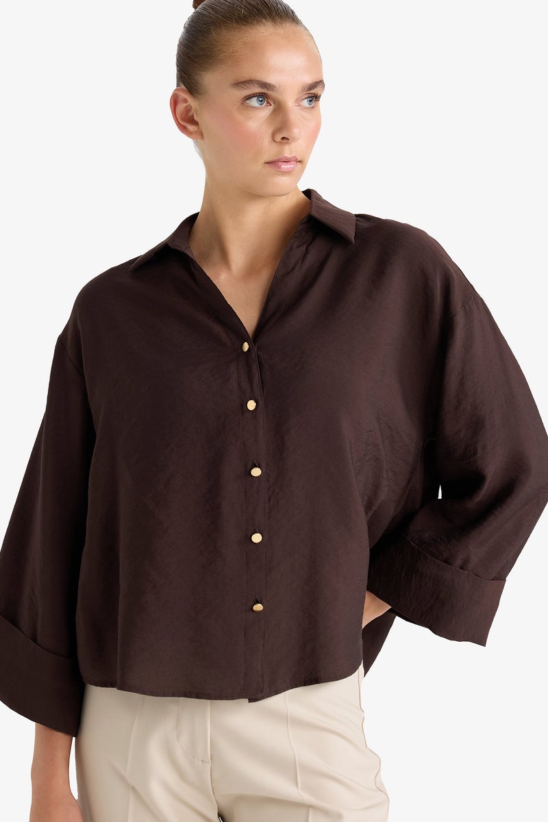 DeFacto Brown Woman Loose Fit Shirt Neck Long Sleeve Shirt Casual - Image 1