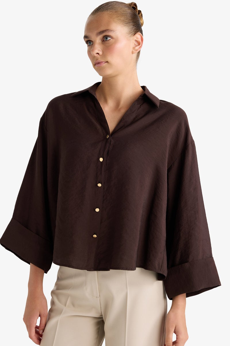 DeFacto Brown Woman Loose Fit Shirt Neck Long Sleeve Shirt Casual - Image 4