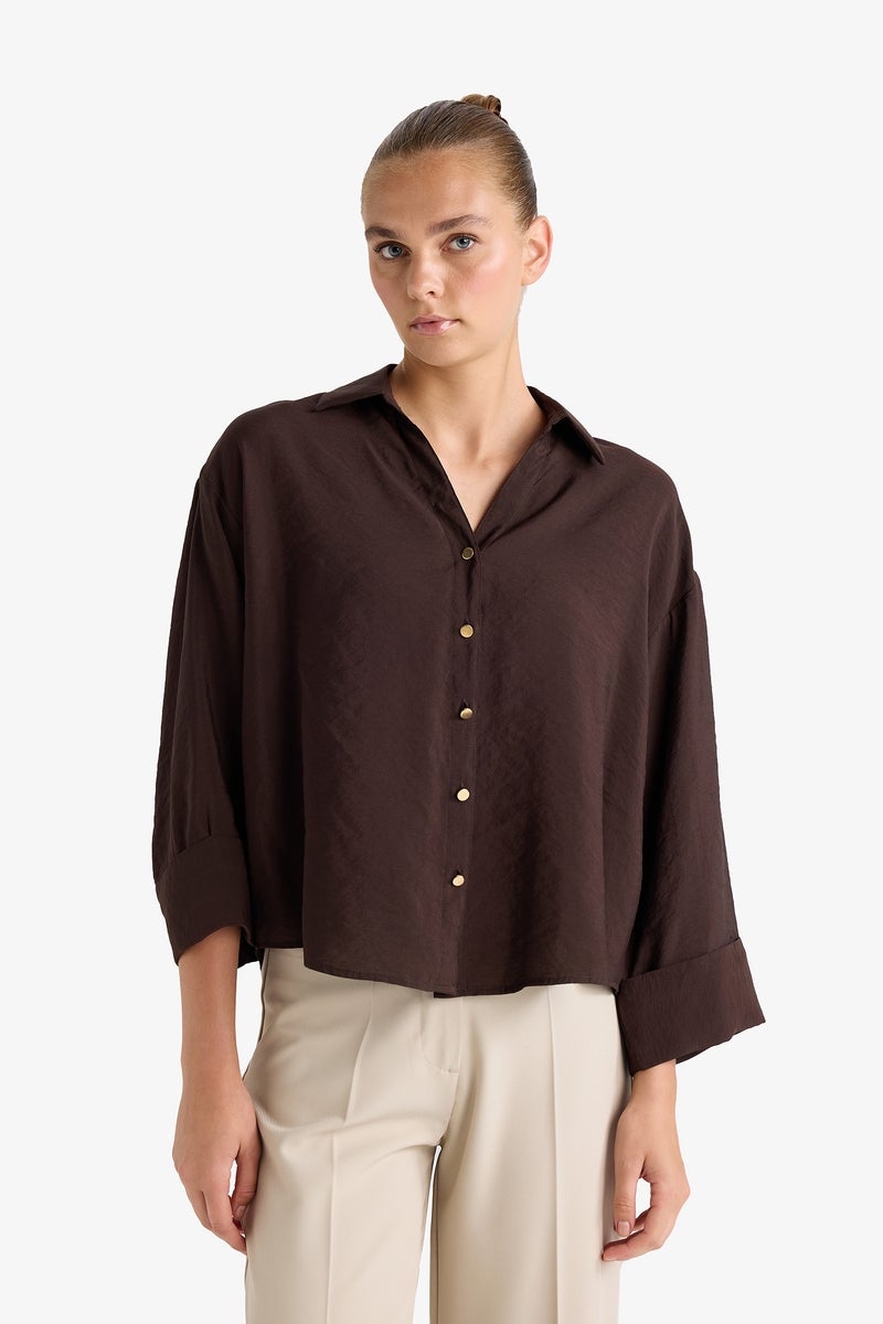 DeFacto Brown Woman Loose Fit Shirt Neck Long Sleeve Shirt Casual - Image 5