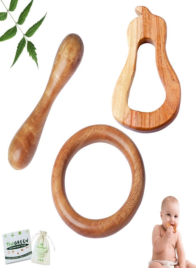 Tinigreen Pear Ring Dumbbell Shaped Neem Wooden Teethers for 6 to 12 Months Infant Baby (Pack of 3) - Image 1