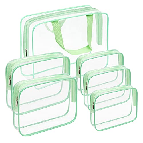 APREUTY Clear Makeup Bags, TSA Approved 6 Pcs Cosmetic Makeup Bags Set Clear PVC with Zipper Handle Portable Travel Luggage Pouch Airport Airline Vacation Organization (Green) - Image 1