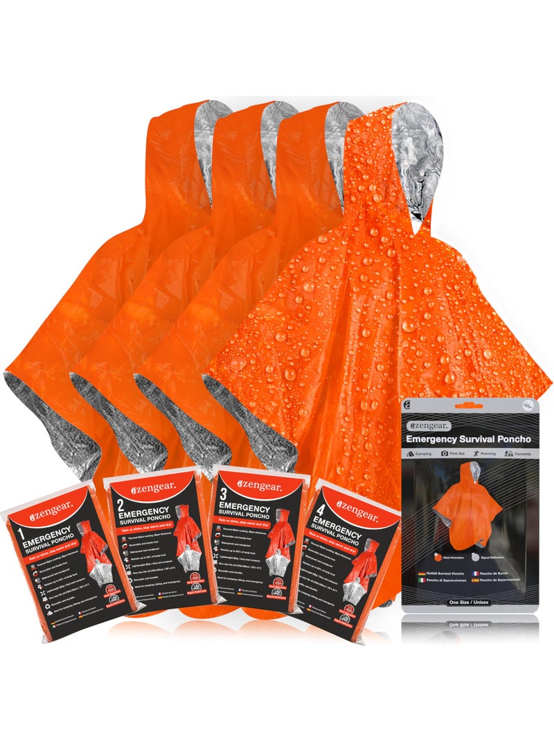 aZengear Emergency Survival Poncho 4pc Thermal Mylar Foil Blanket for Heat Retention and Rain Reversible with Hood Waterproof Windproof Portable HandsFree Outdoor Kit Orange - Image 2