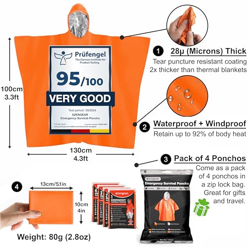 aZengear Emergency Survival Poncho 4pc Thermal Mylar Foil Blanket for Heat Retention and Rain Reversible with Hood Waterproof Windproof Portable HandsFree Outdoor Kit Orange - Image 3