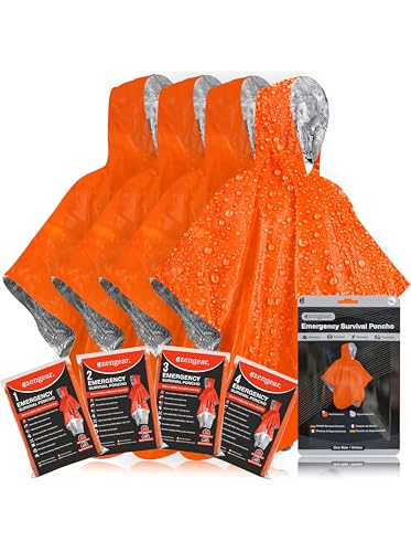 aZengear Emergency Survival Poncho 4pc Thermal Mylar Foil Blanket for Heat Retention and Rain Reversible with Hood Waterproof Windproof Portable HandsFree Outdoor Kit Orange - Image 1