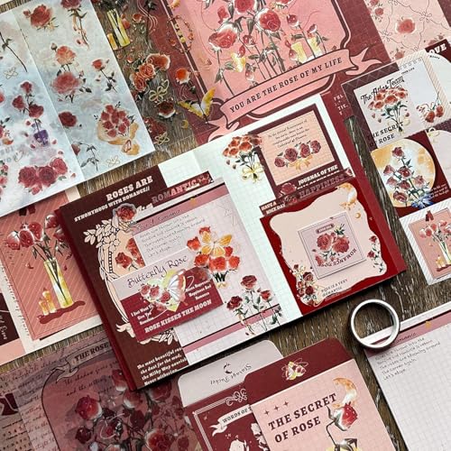 RANUR Vintage Aesthetic Scrapbook Kit with Stickers, Art Bullet Junk Journal Kit with Journaling or Scrapbooking Supplies Journal Planners Paper Stickers Craft Notebook Collage (Rose) - Image 4