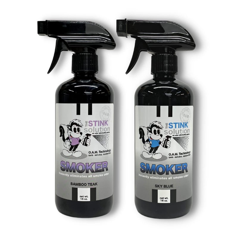 The Stink Solution Smoke Odor Eliminator Spray - Completely Remove Smoke Smell From House, Car, Clothes, Hands, Hair, & More - Best Odor Eliminator For Smoke - Bamboo Teak (16oz) & Sky Blue (16oz) - Image 1