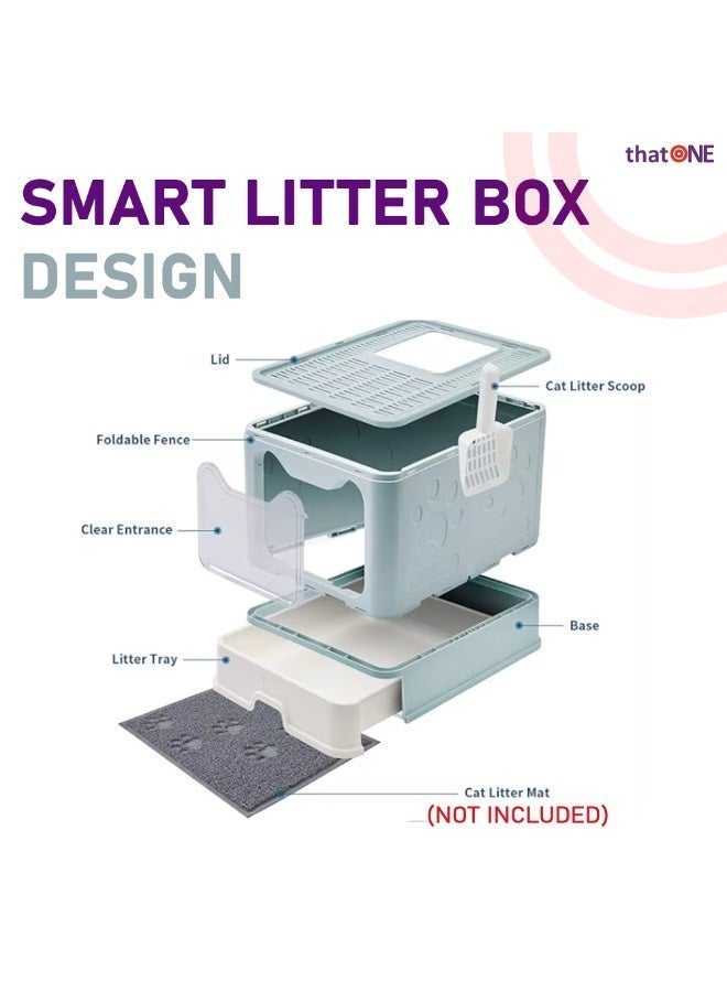 That One Foldable Cat Litter Box Enclosed with Top Exit, Front Entry Door & Drawer – Hooded Splash‑Proof Anti‑Tracking Cat Toilet with Scoop (Mint Blue) - Image 2