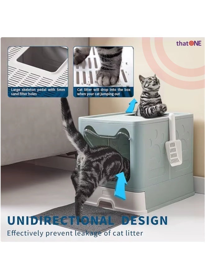 That One Foldable Cat Litter Box Enclosed with Top Exit, Front Entry Door & Drawer – Hooded Splash‑Proof Anti‑Tracking Cat Toilet with Scoop (Mint Blue) - Image 3