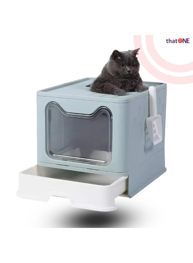 That One Foldable Cat Litter Box Enclosed with Top Exit, Front Entry Door & Drawer – Hooded Splash‑Proof Anti‑Tracking Cat Toilet with Scoop (Mint Blue) - Image 1