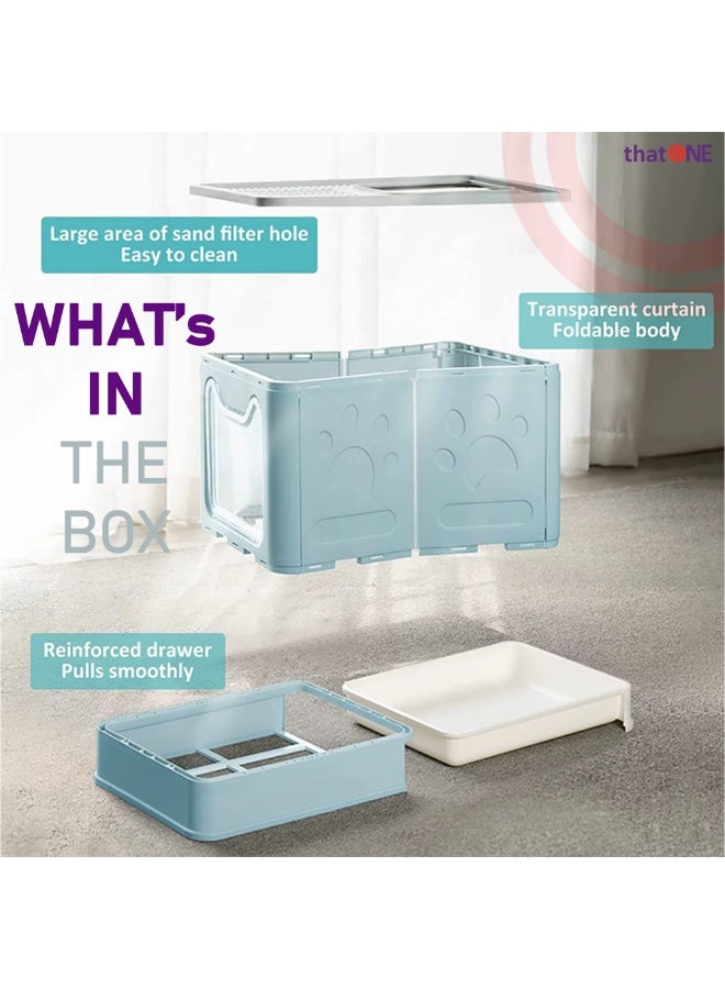 That One Foldable Cat Litter Box Enclosed with Top Exit, Front Entry Door & Drawer – Hooded Splash‑Proof Anti‑Tracking Cat Toilet with Scoop (Mint Blue) - Image 5