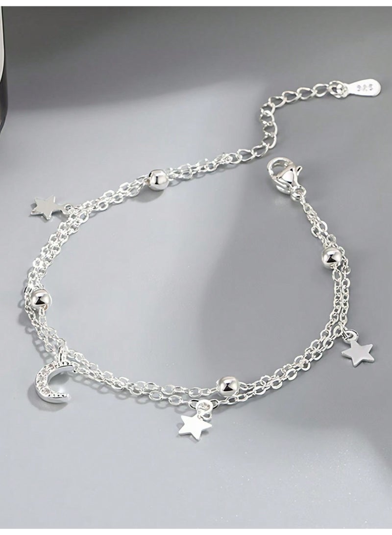 925 ستيرلنغ سيلفر تشارمز أسوارة فضية استرلينية عيار 925 بتصميم القمر والنجوم المزدوجة تضيف لمسة من البريق والسحر لإطلالة أنثوية أنيقة مثالية للهدايا والمناسبات الخاصة - Image 4