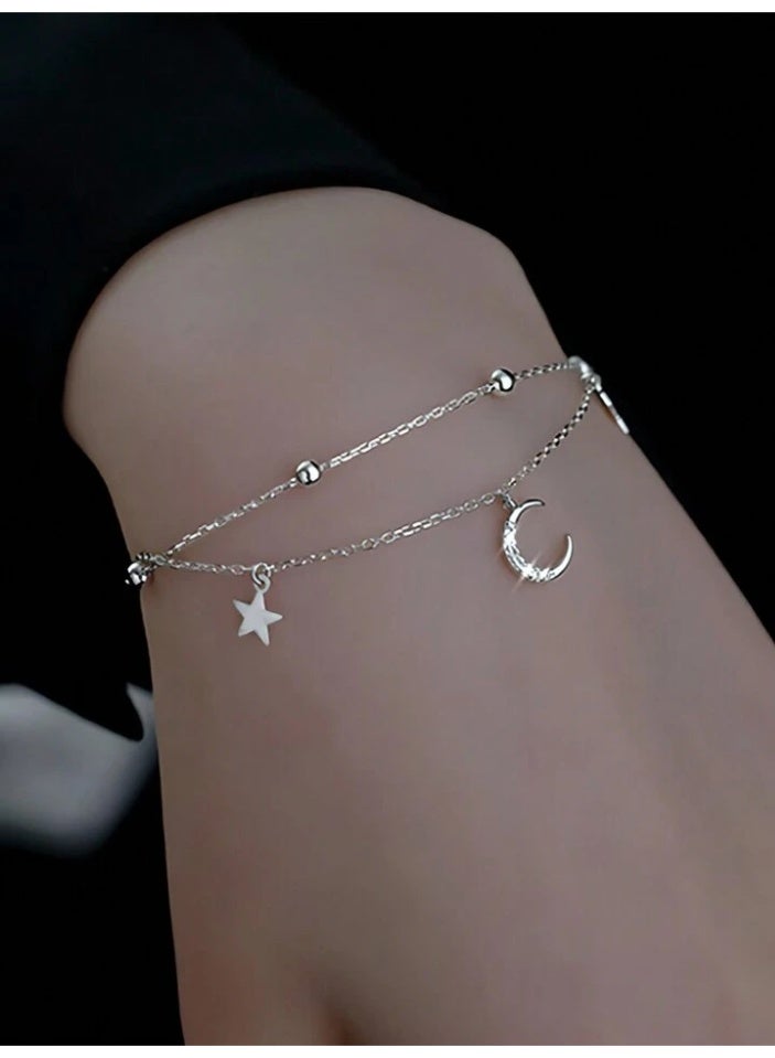 925 ستيرلنغ سيلفر تشارمز أسوارة فضية استرلينية عيار 925 بتصميم القمر والنجوم المزدوجة تضيف لمسة من البريق والسحر لإطلالة أنثوية أنيقة مثالية للهدايا والمناسبات الخاصة - Image 3