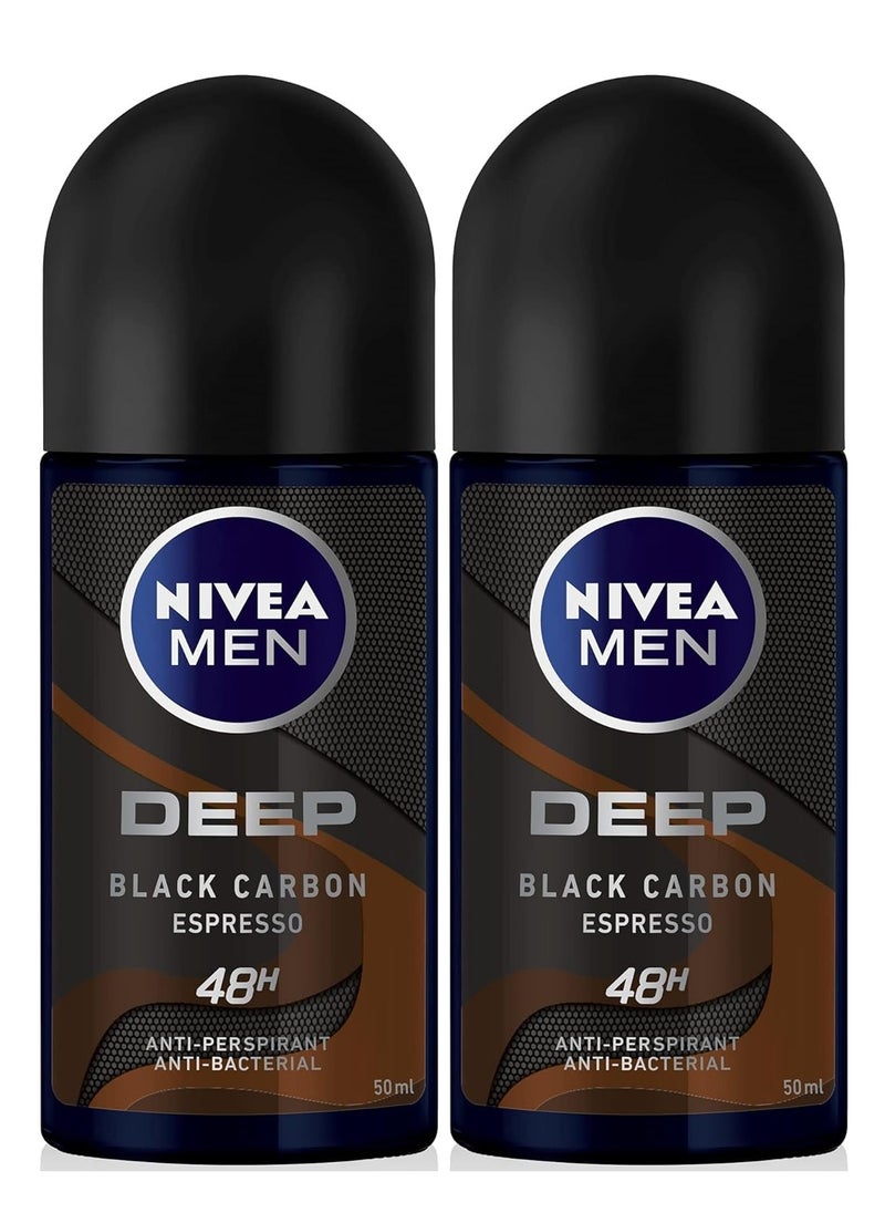 Nivea - Pack Of 2 Deodorant Men Roll On Deep Black Carbon With Espresso Scent 50ml - Image 1