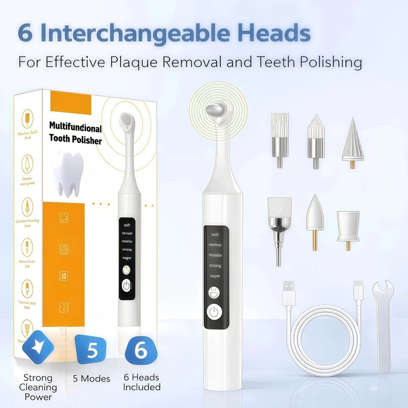 White Portable Teeth Cleaner Electric Tooth Polisher with 6 Heads - Image 1
