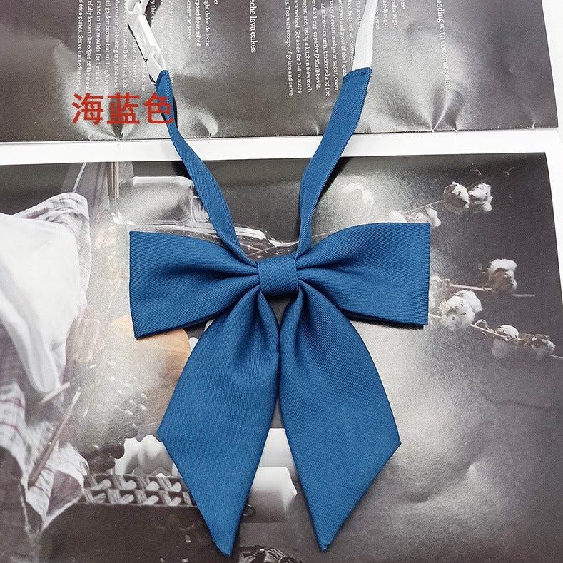 In stock wholesale girls narrow version small feather root bow tie collar flower fashion new bow solid color jk bow tie satin Sea Blue