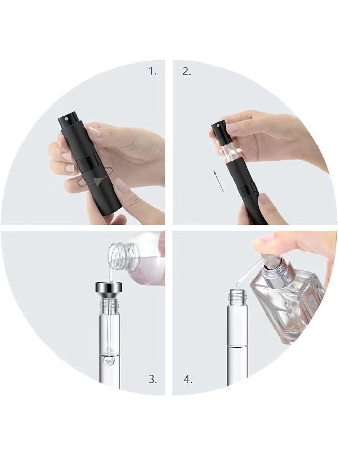 ULIOVA 2 قطع مرشح عطر 8 مل صغير محمول زجاجة رش قطراء فارغة تصميم دوار غلاف ألومينيوم بطانة زجاجية مع قنبلة قطراء أداة النقل لون أسود - Image 3